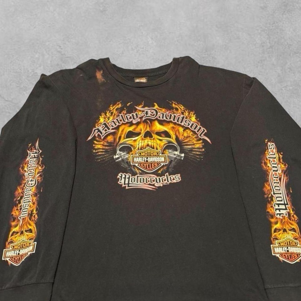 Vintage 2008 Harley Davidson Long Sleeve Shirt Flame Skull Biker Black Mens XL